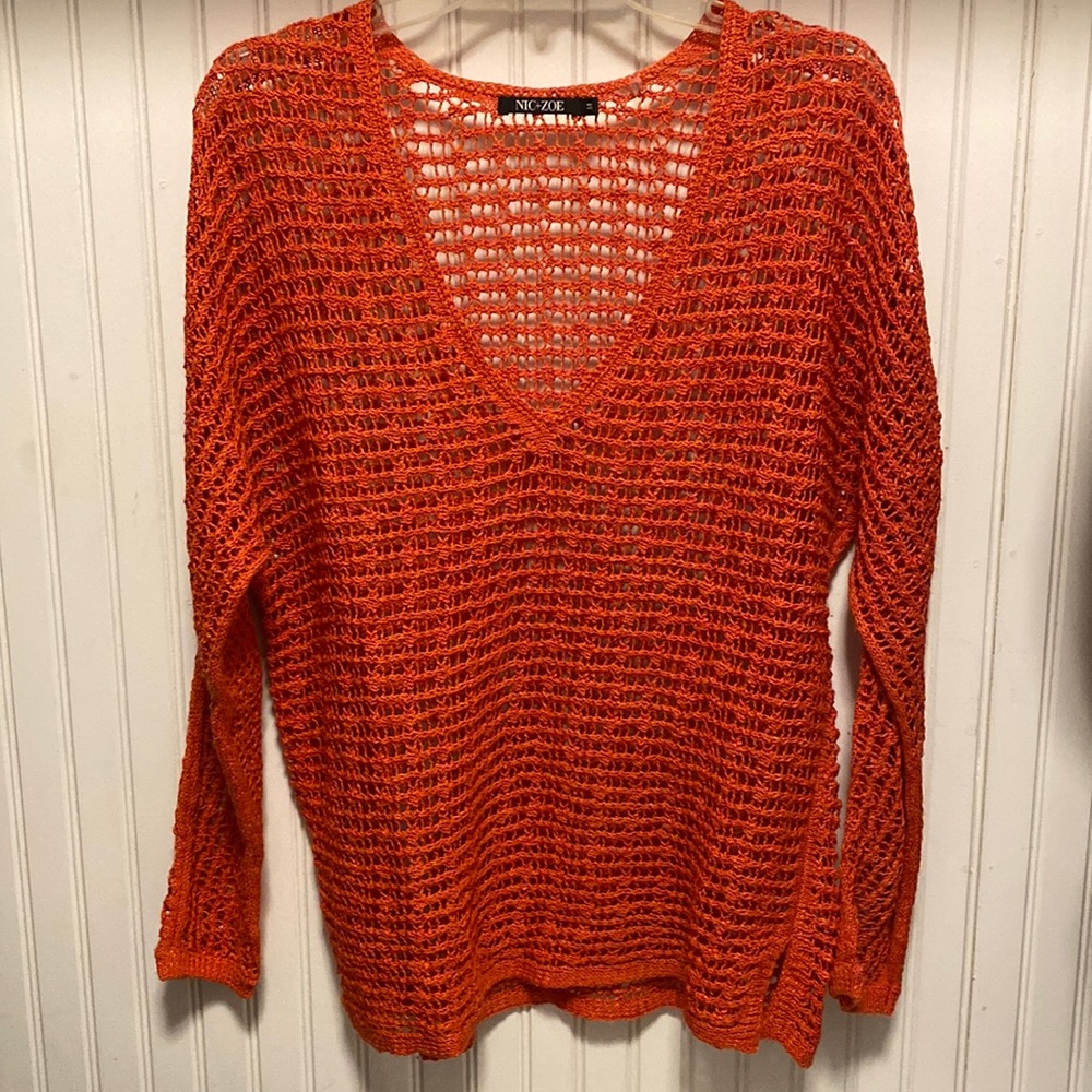 Nic + Zoe orange macrame v-neck sweater